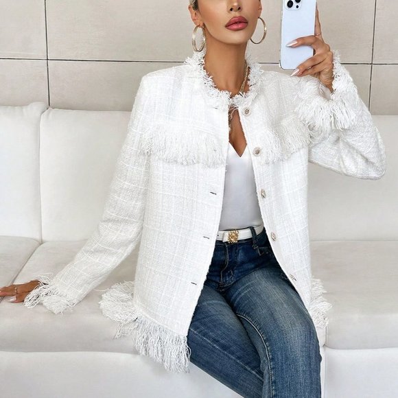 White Casual Womens Raw Trimmed Flap Detail Tweed Overcoat - Picture 3 of 6